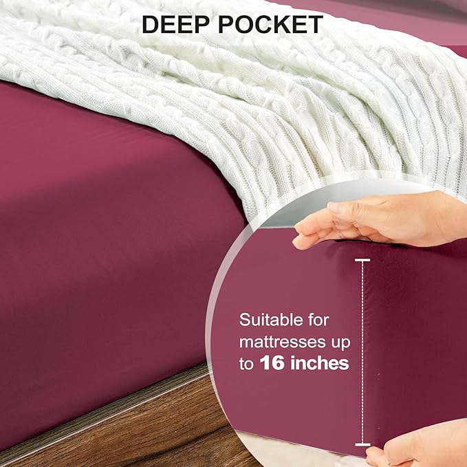 FreshCulture Queen Fitted Sheet - Hotel Quality, Ultra Soft & Breathable Brushed Microfiber, Deep Pocket, Cooling Fitted Sheets for Queen Size Bed (Burgundy)