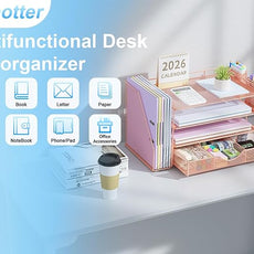 gianotter Desk Organizers and Accessories with File Holder, 4-Tier Desk Accessories & Workspace Organizers with Drawer and 2 Pen Holder, Paper Organizer for Office Supplies (Rose Gold)