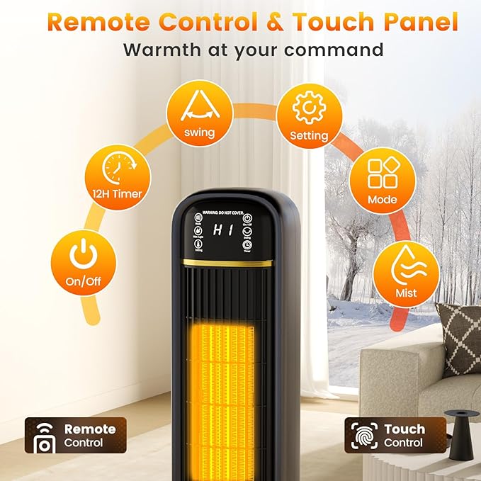 Auertech Space Heater with Humidifier, 2 in 1 Portable Electric Heater with 1.75L Water Tank, Oscillating Room Heaters with 12H Timer, 35.5" Tower Heaters for Indoor Use Large Room, Office, Bedroom