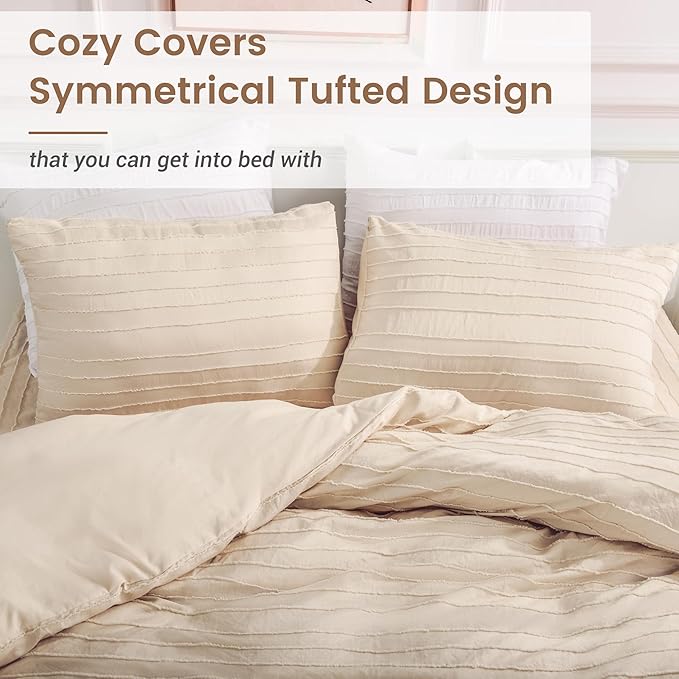 NEXHOME PRO Duvet Cover Full Size,3 Pieces Boho Tufted Duvet Cover Set, Soft and Lightweight Microfiber Comforter Cover Set for All Season (Khaki Full, 80 x 90)-No Comforter