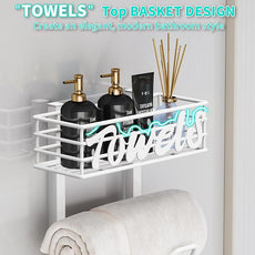 HapiRm Over The Door Towel Rack - 8 Tier Wall Mount Rolled Towel Holder Storage Organizer Shelf with Storage Basket for Small Bathroom, Rv, Camper - White