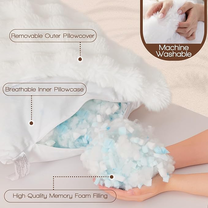YZ HOME Faux Fur Fluffy Body Pillow for Adults - Firm Body Pillow Insert with Shredded Blue Memory Foam, Adjustable Height, Soft Support for Side Sleeping, Pregnant Women, Washable, 20x54 Inch (White)
