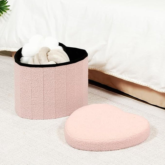 B FSOBEIIALEO Storage Ottoman Cube, Heart Shaped Ottomans with Storage Foot Stool Footrest for Lving Room, Boucle Ottoman Seat for Dorm Room,Faux Teddy Fur, Pink 15"x15"x15"
