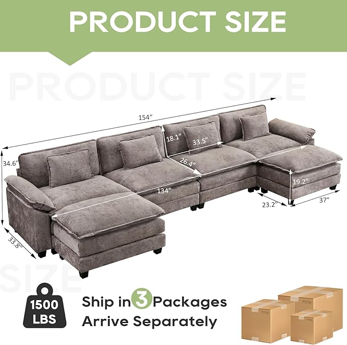 154" Modular Sectional Sofa, Comfy Cloud Couch Sectional Sofa with Ottoman, Chenille Sofa Sleeper Deep Seat Sofa with Throw Pillows for Living Room (Light Gray, 154"- U Shape)