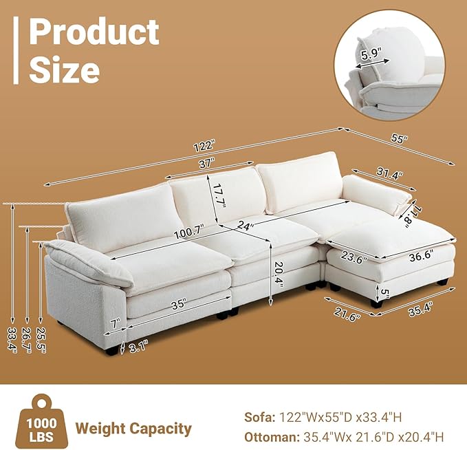 VINGLI 122" Cloud Teddy White Convertible Sectional Sofa, Comfy L-Shape Extra Deep Seat Sofa Couch for Living Room,Modern Chenille 3-Seat Convertible Sofa with Movable Ottoman for Small Space