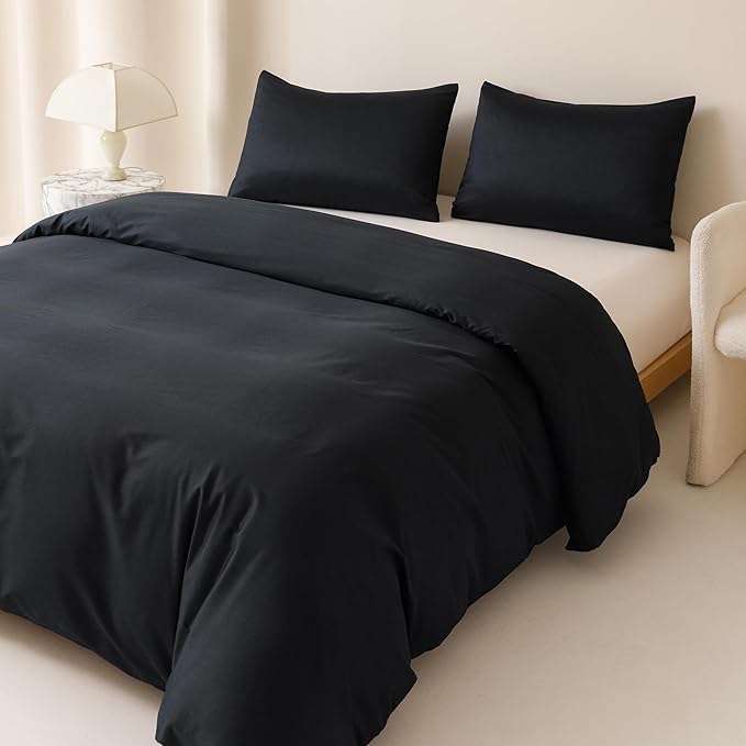 HeimenAogo Egyptian Cotton Duvet Cover Full Size Sateen Weave, Silky Soft and Breathable Bedding Set with Zipper Closure, Long Staple Cotton Bed Linen Pure Black 3Pcs (80"×90")