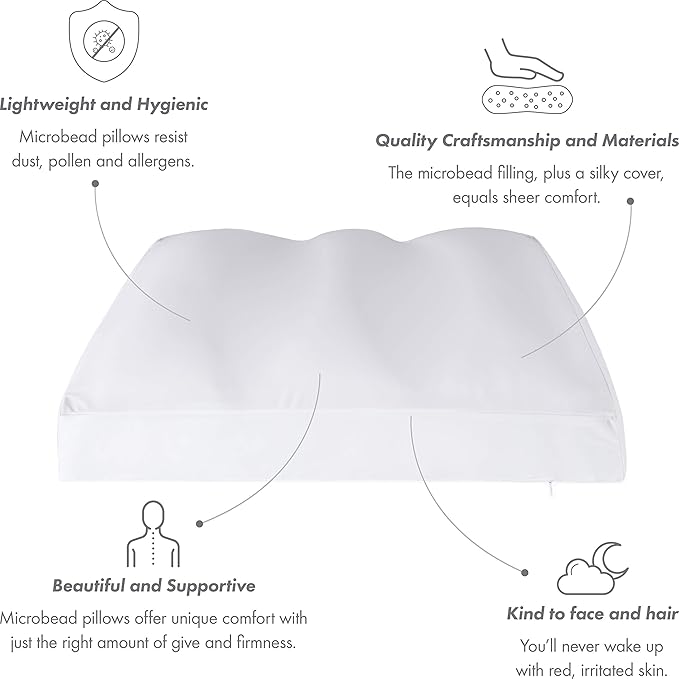PILLOWY Premium Microbead Bed Pillow, Medium Extra Fluffy But Supportive - Ultra Comfortable Sleep with Silk Like Anti Aging Cover 85% Spandex/ 15% Nylon Breathable, Cooling White