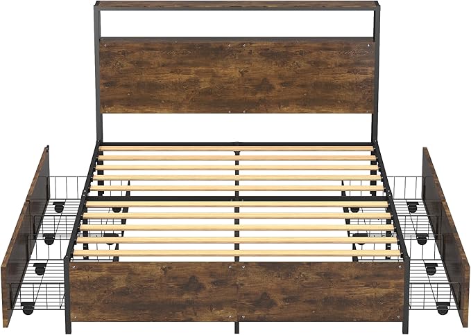 Panana 14 Inch Queen Size Bed Frame,Industrial Metal Platform Bed Frame with 2 Tier Storage Wooden Headboard and Footboard,4 Storage Drawers,No Box Spring Needed,Black&Brown