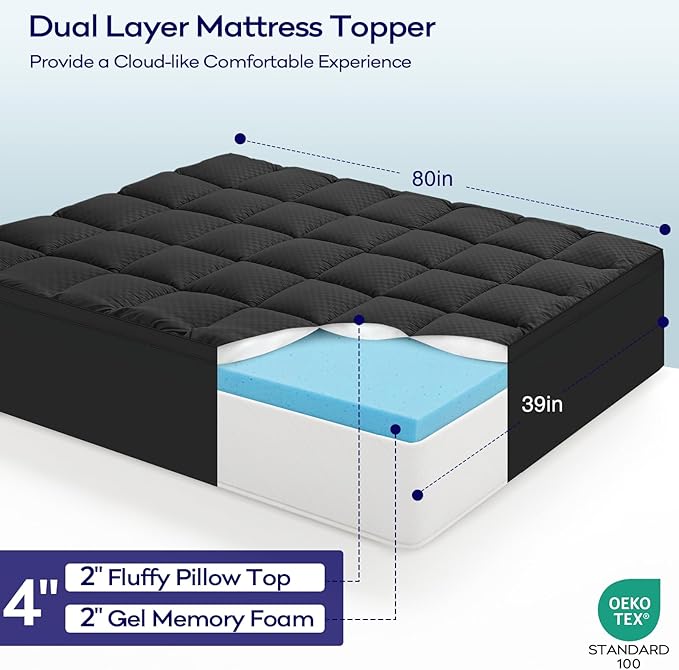 OLANLY Dual-Layer 4 Inch Twin XL Size Memory Foam Mattress Topper for College Dorm Room Essentials, 2 Inch Gel Memory Foam Topper, 2 Inch Cooling Pillow Top Mattress Pad Cover, Black