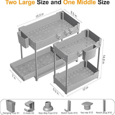 3 Pack Under Sink Organizers, 2-Tier Multi-Use Kitchen and Bathroom Organizers and Storage with Sliding Drawers，Bathroom Cabinet Organizer (Gray, 14.8 Inch)