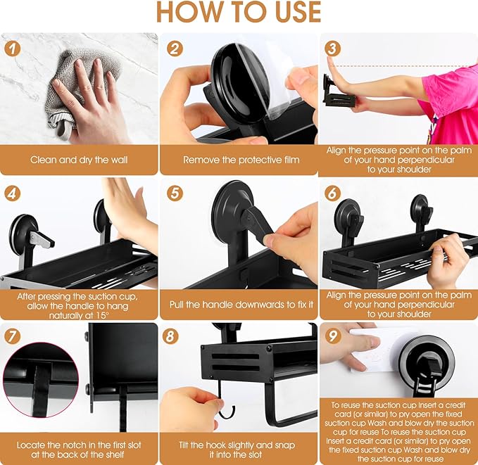 Shower Caddy Suction Cup, 15.8 inch 2 Pack Suction Shower Shelf with Hooks NO-Drilling Bathroom Holder, Rustproof Bathroom Organizer, Black,Includes 2 Extra Suction Cups for Replacement Use