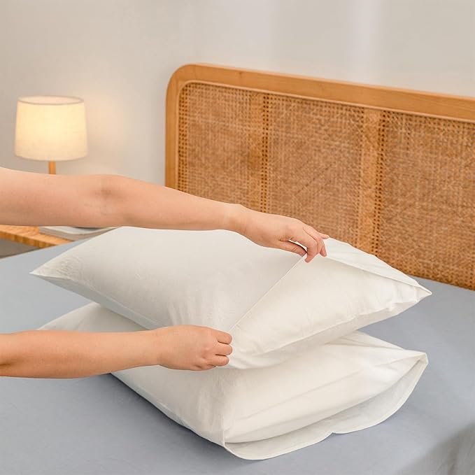 BESTOUCH 100% Washed Cotton Pillowcase for Hair and Skin Linen Feel Soft Comfortable Breathable 2 Set Pillow Case with Envelope Closure Solid Off White King 20x36 Inches