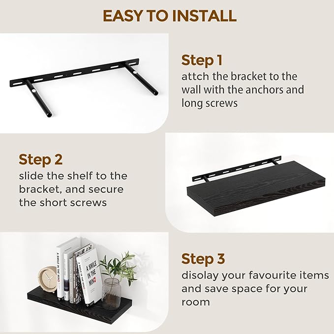 Fun Memories 72 Inch Floating Shelves for Wall, 72x9.3 Large Floating Shelf for Bedroom, Kitchen, Bathroom, Wall Mounted Rustic Wood Shelves with Invisible Bracket for Books, Decor, Black