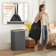 Lifewit 50L Slim Laundry Hamper with Lid, Narrow Laundry Basket with Removable Bag & Bamboo Handles, Fodable Thin Dirty Clothes Hamper for Laundry Collapsible Bin for Bathroom Bedroom Dorm, Dark Gray