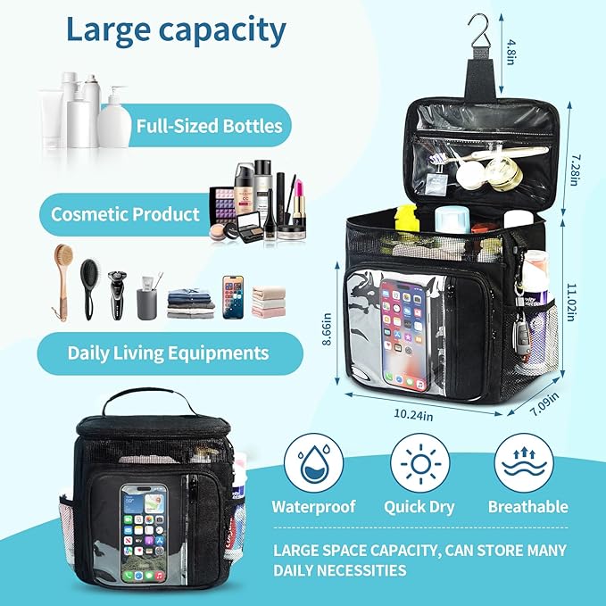 Dorm Room Essentials for Guys Girls Boys, Hanging Toiletry Bag，Waterproof Travel Shower Caddy Organizer with Clear Pockets, Mesh Compartments & Hook Portable Toiletry Bag for Gym, Camping, Cruise
