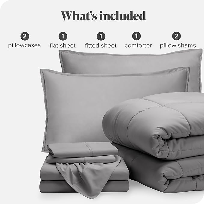 Bare Home Bed-in-A-Bag 7 Piece Comforter & Sheet Set - California King - Goose Down Alternative - Ultra-Soft 1800 Premium Bed Set (Cal King, Light Grey/Light Grey)