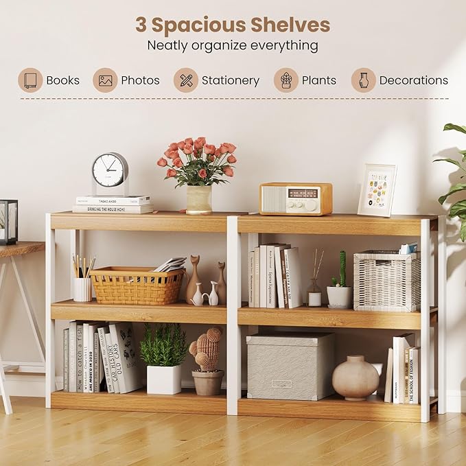 Giantex 3 Tier Bookshelf, Freestanding Wooden Bookcase with Dual Anti-Tipping Kits, Open Display Rack Shelving Unit, Storage Organizer for Living Room, Bedroom & Study (1,Natural & White)