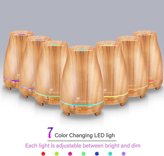 Diffuserlove Essential Oil Diffusers 200ML Diffuser Remote Control Aromatherapy Diffuser with 7 Color Lights, Auto Shut-Off for Bedroom Office Kitchen (Yellow Wood Grain)