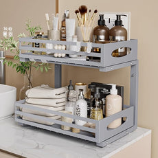 Under Sink Organizer, 2 Tier Under Sink Organizers and Storage, Adjustable Height, Slide Out Metal Cabinet Organizers, Pull Out Cabinet Storage Drawer Shelf for Kitchen Bathroom