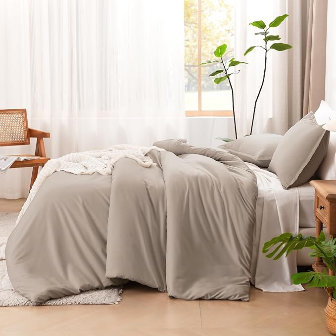 Litanika Light Coffee Comforters Oversized Queen Size, 3 Pieces Lightweight Solid Bedding Comforter Set, All Season Fluffy Bed Set (98x98In Comforter & 2 Pillowcases)