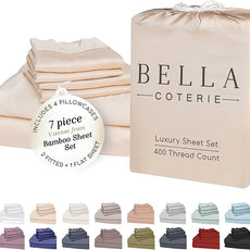 Bella Coterie 7 Piece Luxury Bamboo Viscose Split King Size Sheet Set | 2 Fitted Sheets for Adjustable Beds | 100% Organically Grown | Cooling for Hot Sleepers | 4 Pillowcases [Champagne]