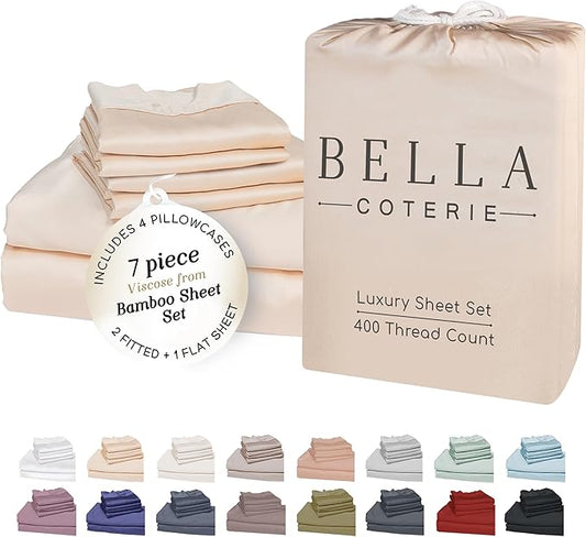 Bella Coterie 7 Piece Luxury Bamboo Viscose Split King Size Sheet Set | 2 Fitted Sheets for Adjustable Beds | 100% Organically Grown | Cooling for Hot Sleepers | 4 Pillowcases [Champagne]
