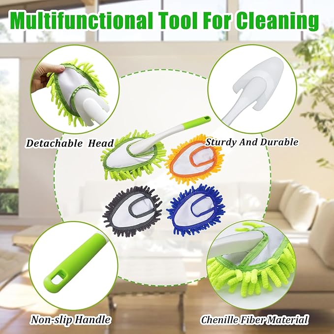Microfiber Duster for Cleaning, Hand Washable Dusters with 4 pcs Replaceable Microfiber Head,Wet and Dry Use, Detachable Cleaning Supplies for Office, Car, Window, Furniture, Wall
