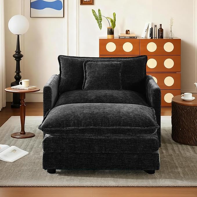 SoarFlash Chenille Sectional Sofa, Comfy Modular Single Sofa with Ottoman, Modern Recliner Deep Seat Sofa Set for Living Room,Black