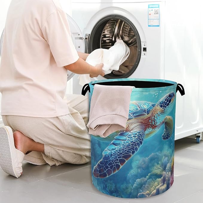 SeaTurtle Ocean Laundry Hamper,Coral Dirty Clothes Laundry Basket with Handles Waterproof Oxford Cloth Storage Basket for College Dorms Bathroom Bedroom 16" x 20.8"