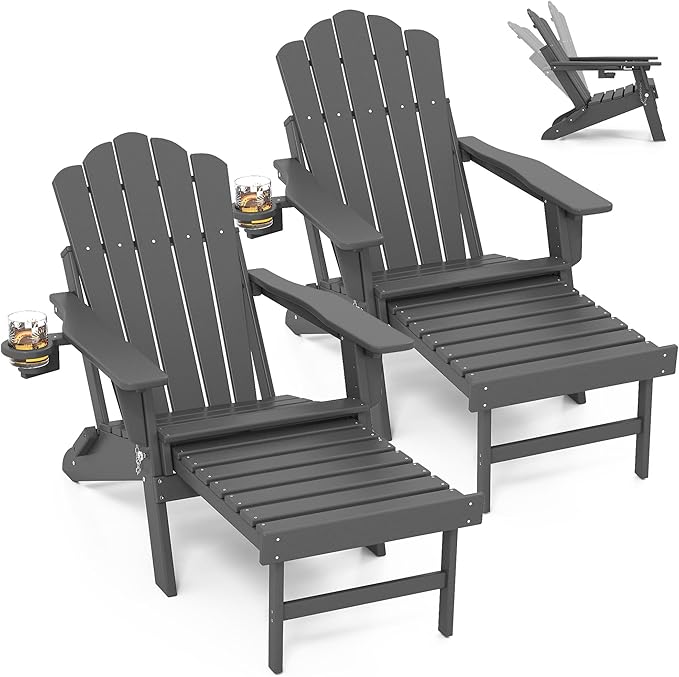 FOOWIN Adjustable Adirondack Chair with Retractable Ottoman Set of 2, Folding Adirondack Chair with Cup Holder, HDPE All-Weather Fire Pit Chair for Patio, Yard, Poolside, Grey