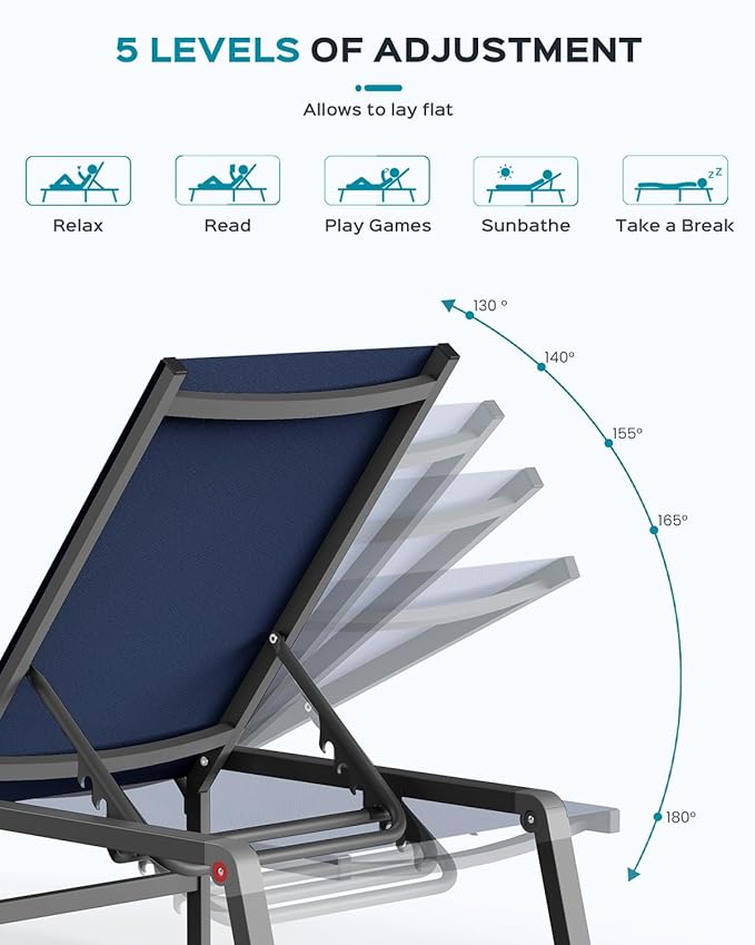 Ciokea Patio Chaise Lounge Chair, Foldable Lounge Chair for Outside, Aluminum Chairs Set of 2 with 5 Adjustable Backrest, Outdoor Pool Lounger for Poolside, Lawn, Deck, Navy Blue