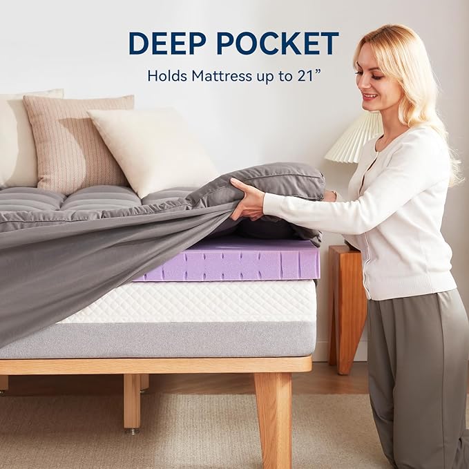 BDEUS Dual Layer 5 Inch Memory Foam Mattress Topper Full Size, 2 Inch Gel Memory Foam Plus 3 Inch 1450 GSM Down Alternative Quilted Pillow Top Mattress Pad Cover,Dark Gray
