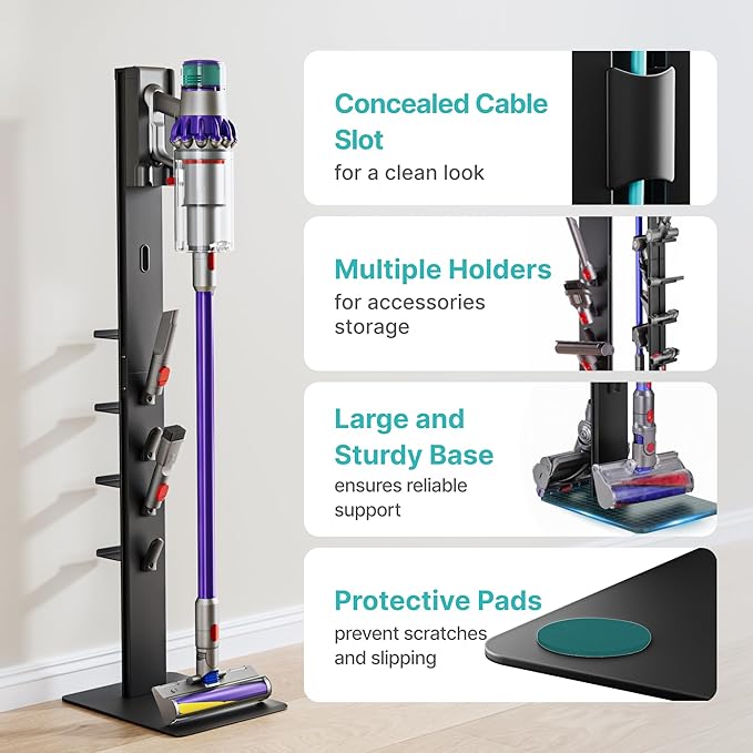 Vacuum Cleaner Stand, Compatible with Dyson Gen5 V15 V12 V11 V10 V9 V8 V7 V6, Floor Cordless Vacuums Attachment Holder with 4 Hooks and 4 Shelves, Metal Storage Bracket Organizer, Black