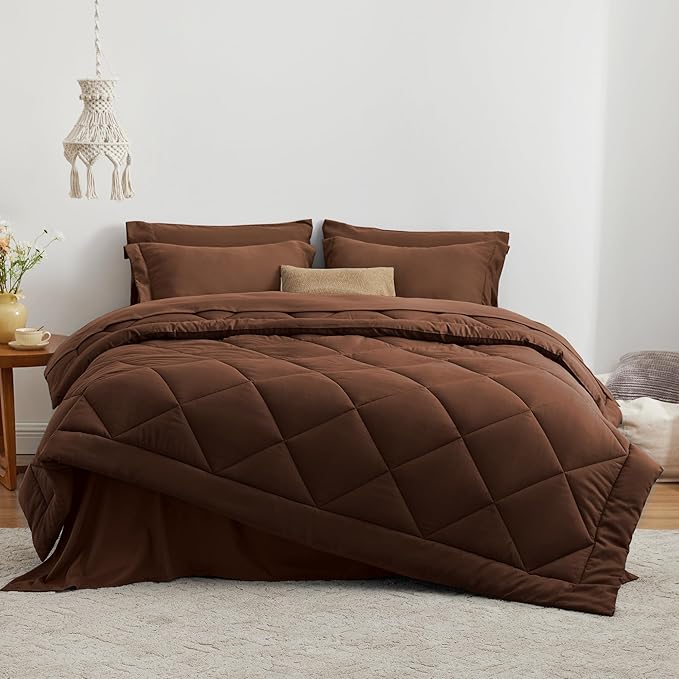 Love's cabin Queen Comforter Set Brown, 7 Pieces Queen Bed in a Bag, All Season Bedding Sets with 1 Comforter, 1 Flat Sheet, 1 Fitted Sheet, 2 Pillowcase and 2 Pillow Sham