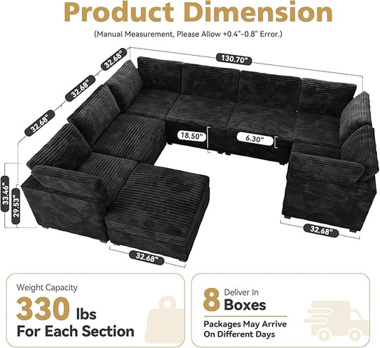 Large 8 Seat Modular Sectional Sofa with Ottoman Seat Corduroy Sleeper Sectional Sofa Bed Oversized Convertible Modular Couch for Living Room