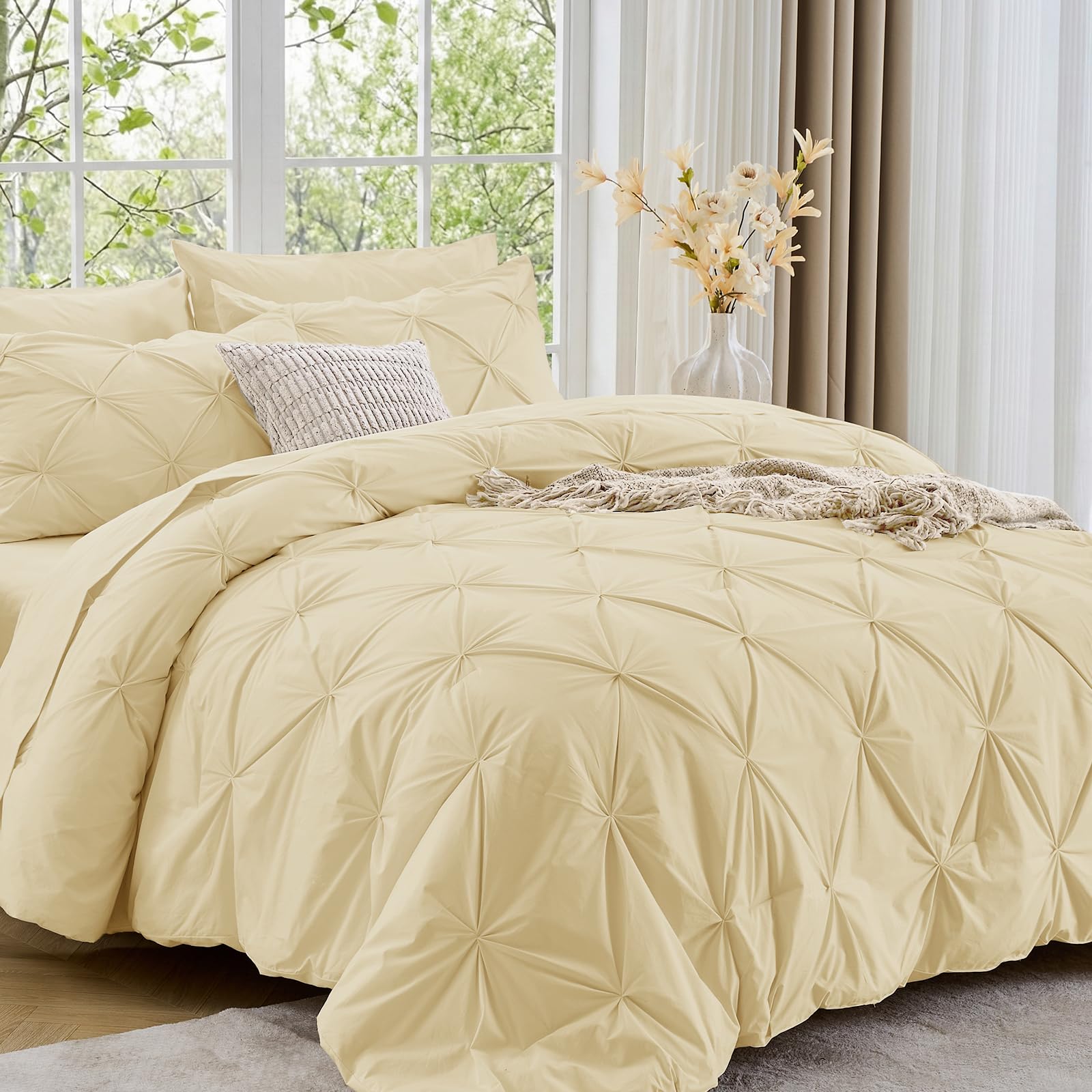 Sasttie Twin XL Comforter Set, 5-Piece Bed in a Bag, Pintuck Bedding Sets for All Season, Includes Comforter, Flat Sheet, Fitted Sheet, Pillowcase and Pillowsham, Beige