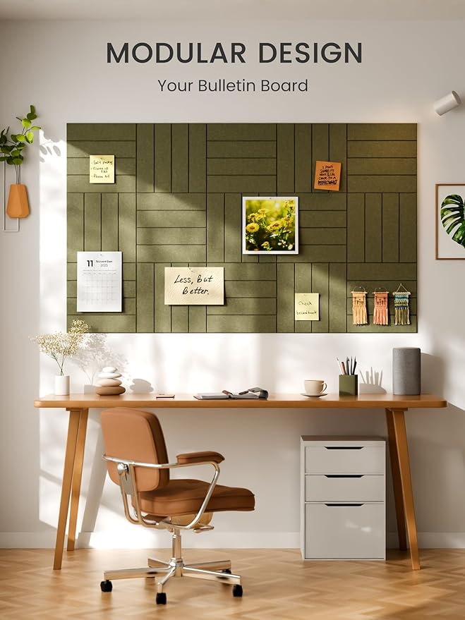 Bumusty Large Cork Board Alternative-36 x24 Felt Bulletin Board Tiles, with 30 Pushpins, 40 Adhesive Tabs, 6-Pack Slat Wall Paneling, Cork Boards for Office Push Pin Board Felt Board-Olive Green