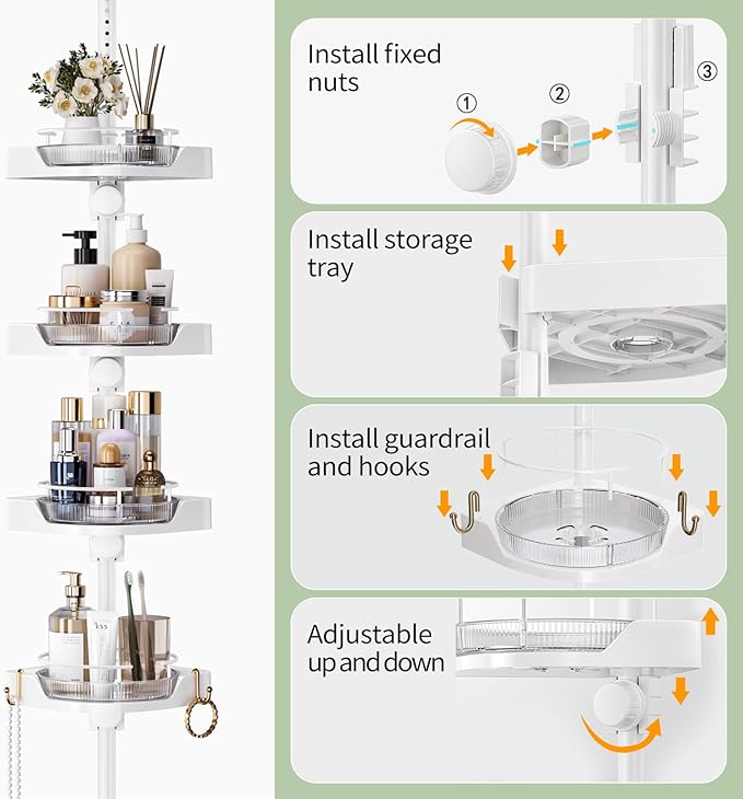 Corner Shower Caddy Tension Pole, 4 Tiers Rotating Shower Organizer for Bathroom Shelf Bathtub, Adjustable Standing Shower Rack Bathroom Accessories, Easily Assemble, 34-124 Inch Height,White