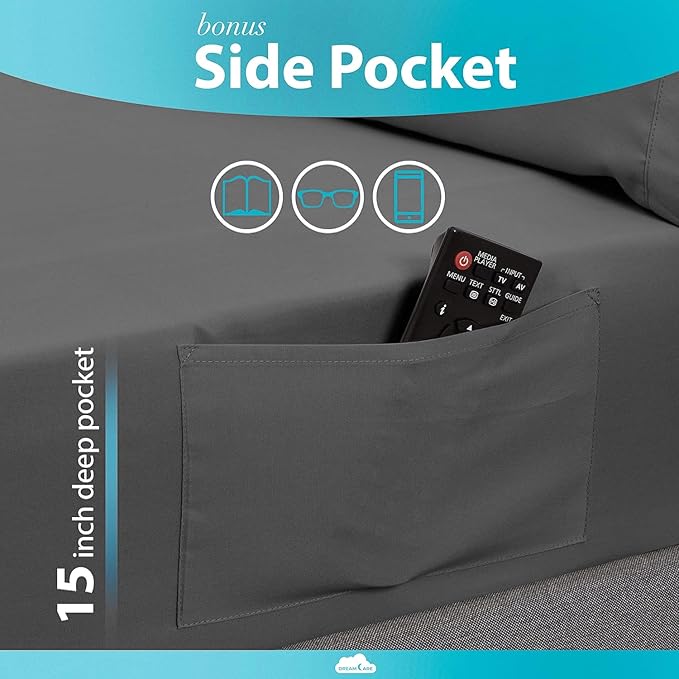 DREAMCARE Queen Size Sheets - Cooling Bed Sheets - 4pcs Set - up to 15" Deep Pocket Queen Sheet Set - Sheets Queen Size Bed - Soft & Long Lasting 100% Fine Brushed Polyester with Side Pocket - DGray DREAMCARE