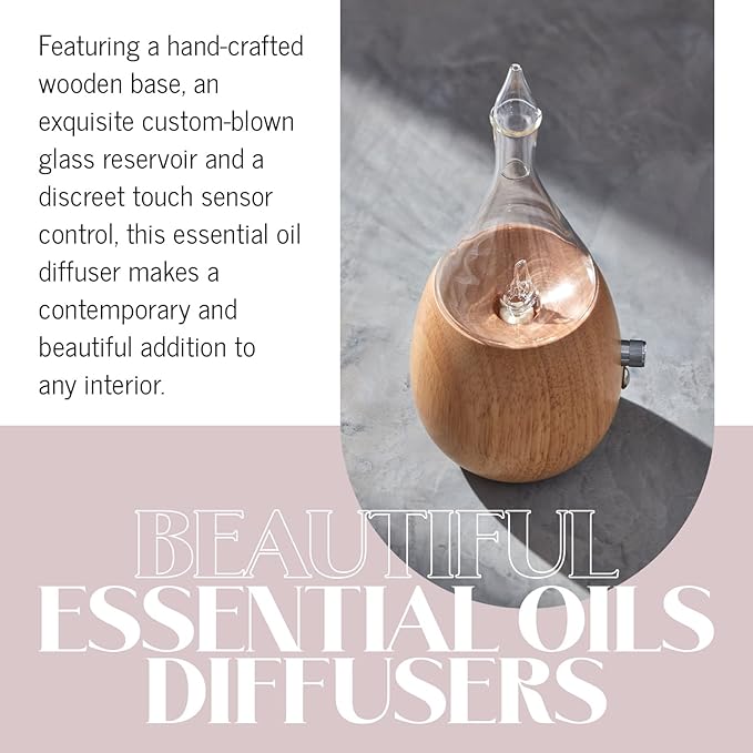 Raindrop 2.0 Aromatherapy Diffuser for Essential Oil, Waterless Glass Nebulizer w/Auto-Off Switch, BPA Free - Lightwood