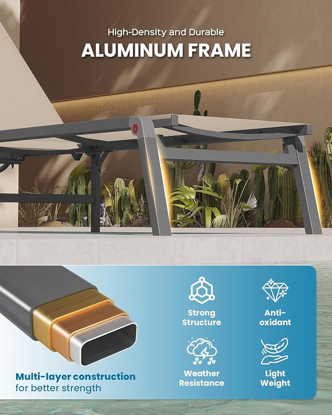 Foldable Pool Lounge Chairs, Aluminum Chaise Lounge Outdoor with 5 Positions Recliner - Free Assembly - Patio Lounge Chair for Poolside, Beach (Khaki)