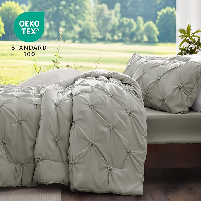BEDELITE Grey King Size Comforter Set - 3 Pieces Boho Pintuck Bedding Comforter Sets, Lightweight Soft & Warm King Bedding Set with 2 Pillowcases for All Season