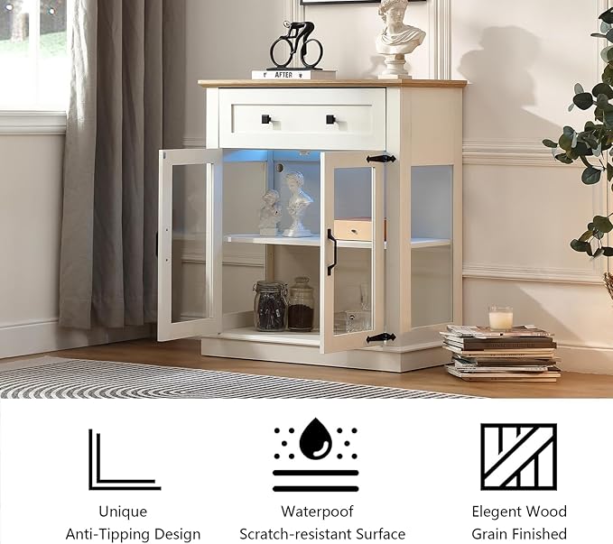 Modern 31.5'' Small Sideboard Buffet Cabinet with Storage,Small Coffee bar Cabinet with a Drawer and Adjustable Shelf,Glass Doors Sideboard Buffet with LED for Kitchen,Antique White