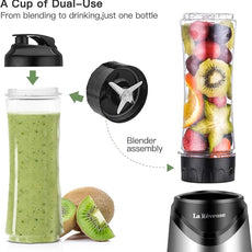 La Reveuse Smoothies Blender Personal Size 300 Watts with 18 oz BPA-Free Portable Travel Sports Bottle, Silver