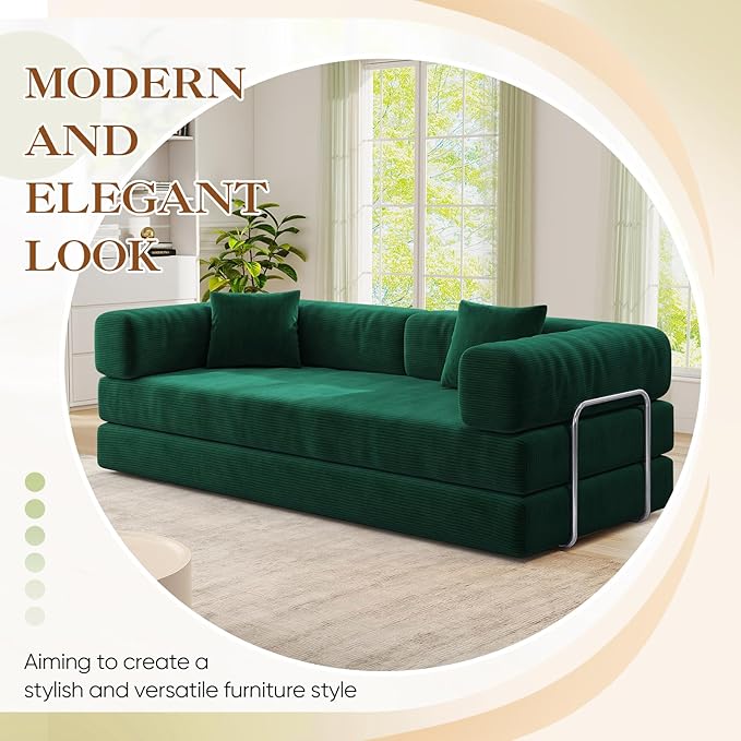Antetek Convertible Futon Sofa Bed, 3-Seater Modern Corduroy Foam Floor King Size Bed Fold Out Sleeper Lounge Loveseat Sofa Couch with 2 Throw Pillows for Living Room Bedroom Guest Room, Turquoise