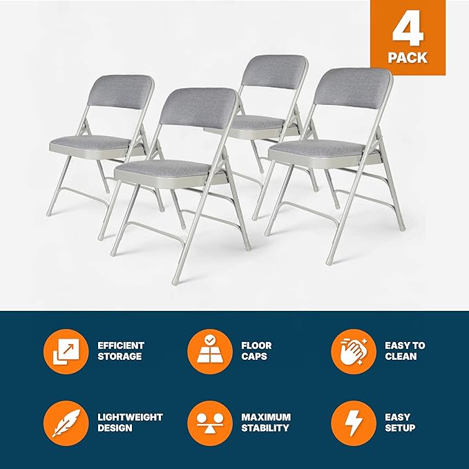 OEF Furnishings OEF2300 Series Heavy-Duty Premium Fabric Padded Upholstery Double-Hinged Triple-Braced Folding Chairs (4-Pack, Slate Gray)