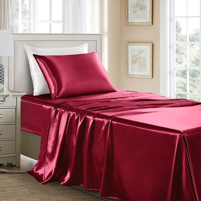 Satin Sheets Twin Size - 3 Pieces Luxury Silky Soft Bed Sheets for Kids, Wrinkle-Free Burgundy Satin Silk Sheet Set with 1 Deep Pocket Fitted Sheet, 1 Flat Sheet, 1 Pillow case