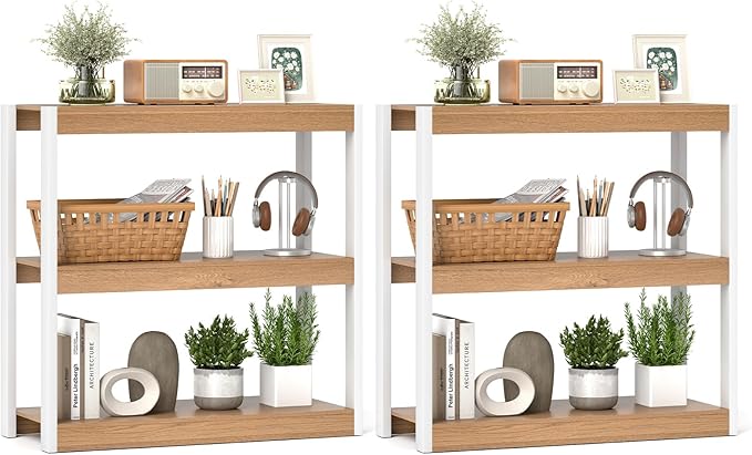 Giantex 3 Tier Bookshelf of 2, Freestanding Wooden Bookcase with Dual Anti-Tipping Kits, Open Display Rack Shelving Unit, Storage Organizer for Living Room, Bedroom & Study,Natural & White