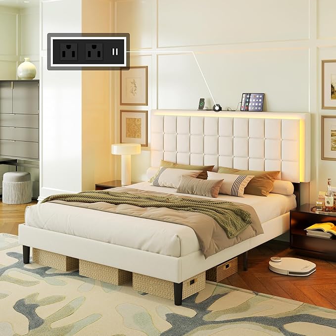 AMERLIFE King Size Button Tufted Platform Bed Frame with LED Lights, Upholstered Bed Frame with Charging Station, Wood Slat Support, Mattress Foundation, White