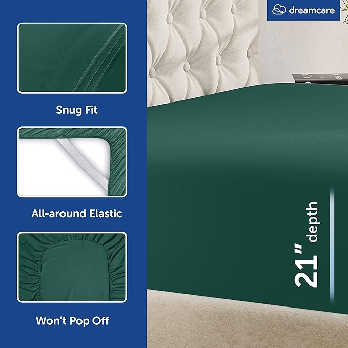 DREAMCARE Queen Sheet Set – 4 pcs Cooling Sheets – up to 21” Extra Deep Pocket Queen Sheets – Hotel Luxury Pillowcases – Superior Softness 100% Microfiber with Side Pocket - Emerald Green DREAMCARE